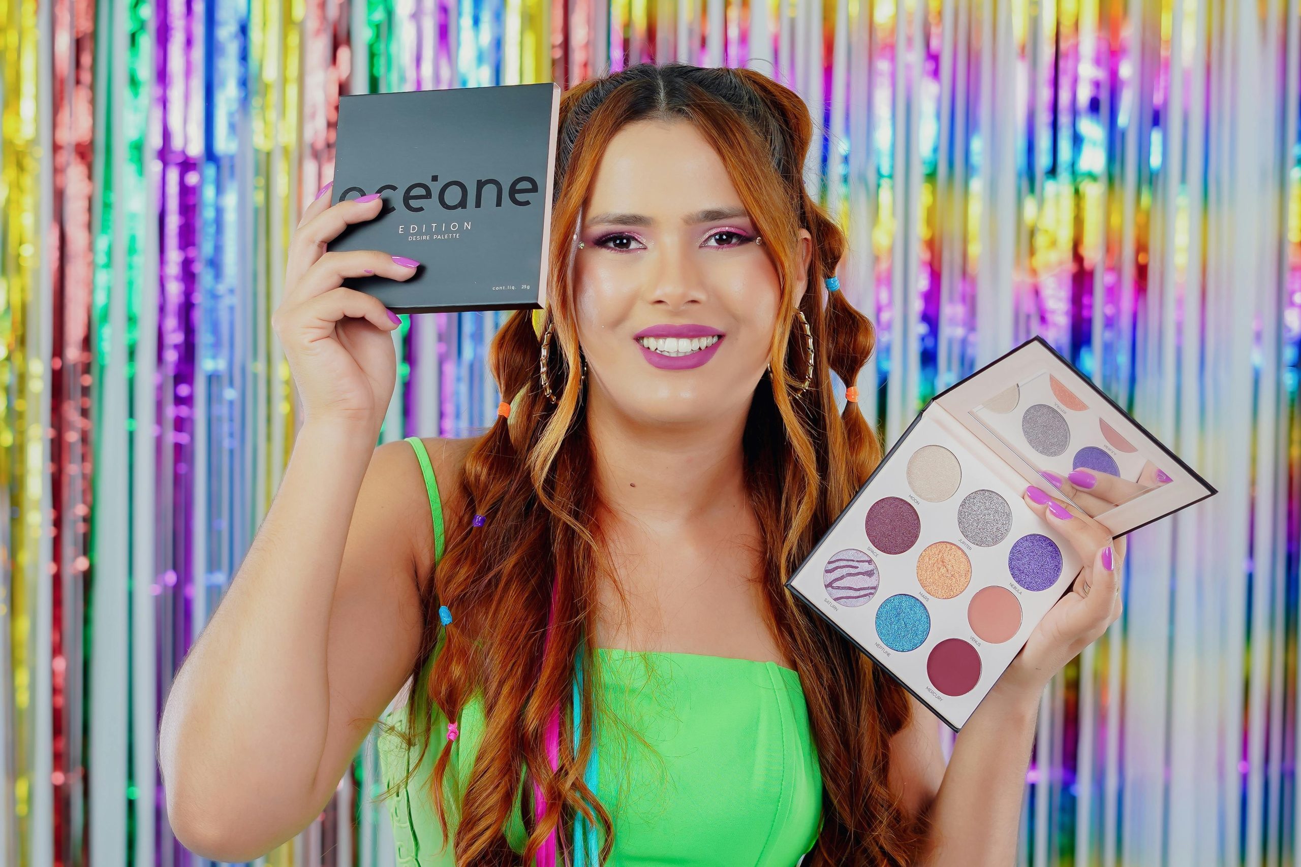 Palette of vibrant eyeshadows and lipsticks ideal for Halloween looks