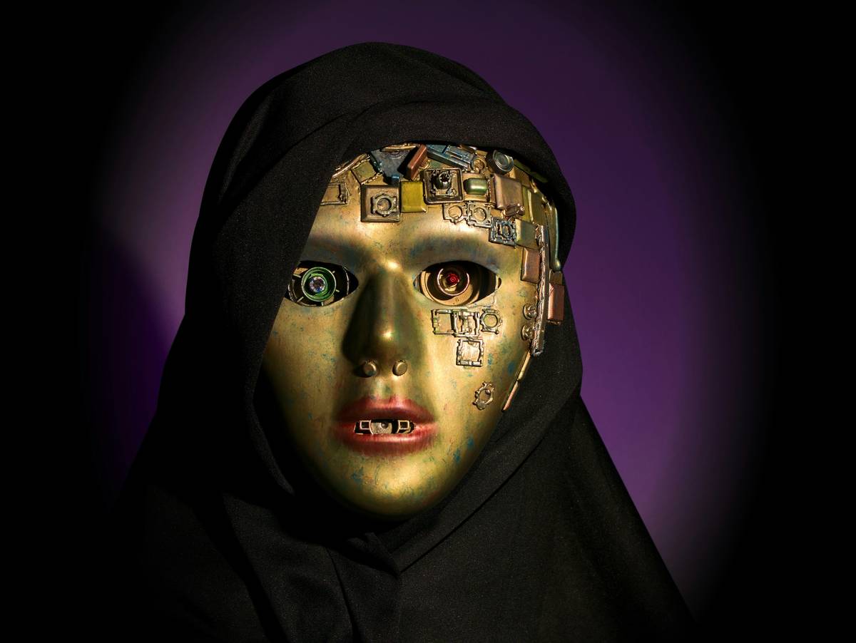 A photo of a social media influencer showcasing award-winning cyborg makeup featuring neon green accents and mechanical parts.