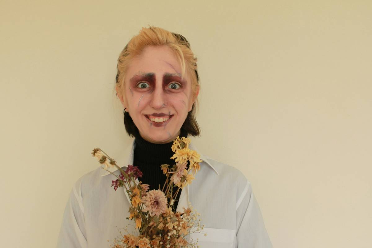A side-by-side split showing normal makeup versus halloween-inspired theatrics