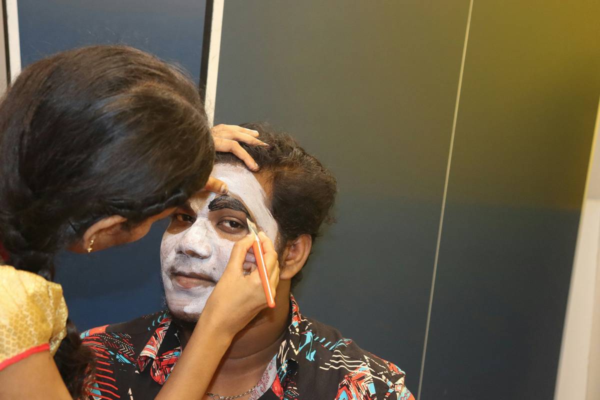 Before and after image of a woman transformed into a zombie queen using stage makeup techniques.