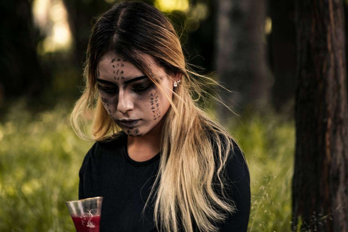Before and after photos of a model transformed into a zombie bride